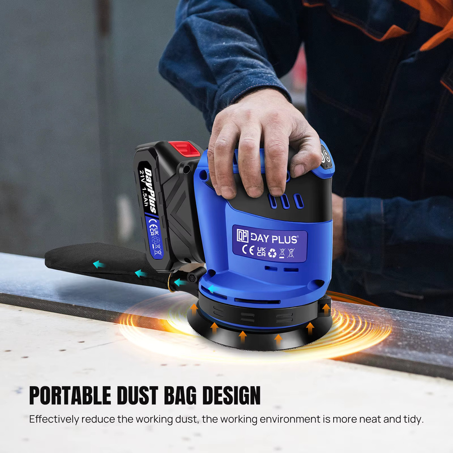 21V Akku-Exzenterschleifer in Blau mit 190W Leistung, 3-stufig einstellbar und 11000 OPM max., inklusive Staubbeutel und 12 Schleifpapierblättern für Holz, Metall und Farbe - Bild 5