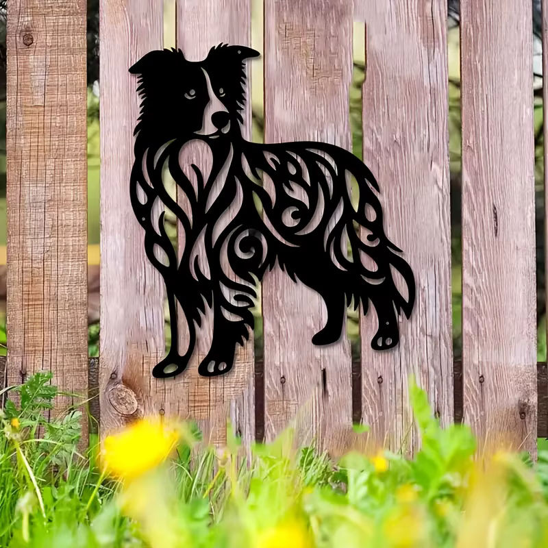 DDPNKL Collie Wandkunst aus Metall in Schwarz mit abstrakten Mustern zur Wandmontage - Bild 4
