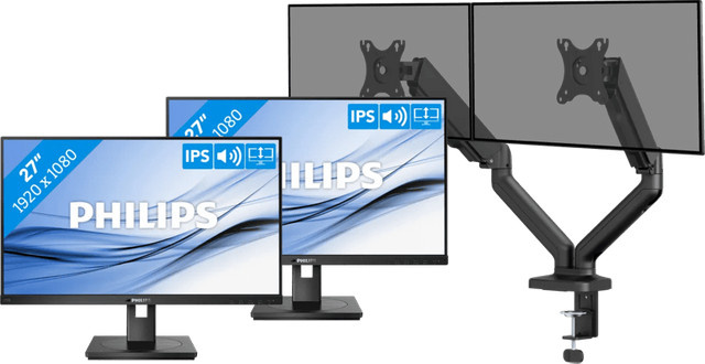 Philips 272B1G/00 Doppelpack Full HD IPS Monitore in Schwarz mit BlueBuilt Monitorhalterung und mechanischer Feder - Bild 1