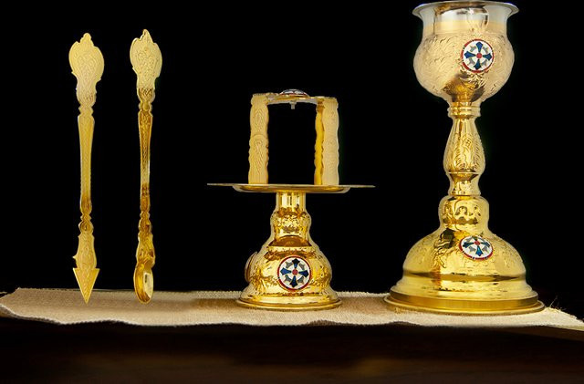 HTISO Orthodoxer Heiliger Gral für die Eucharistie Zeremonie, Goldener Kelch aus Metall, Rundes Kirchenzubehör - Bild 1
