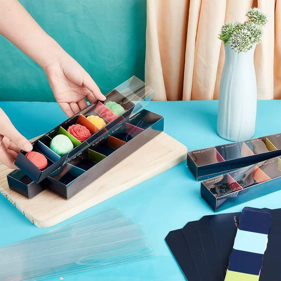 10er Set Macarons Boxen aus schwarzem Kraftpapier mit transparentem Deckel, Gebäck-Verpackungsboxen für Geschenke, B/T/H: 11 x 2 x 1,3 cm - Bild 4