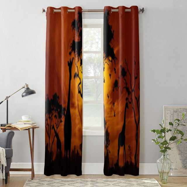 Moderne halbtransparente Vorhänge mit afrikanischer Landschaft und Giraffe bei Sonnenuntergang, Multicolor, Breite: 135 cm, Höhe: 60 cm - Bild 1