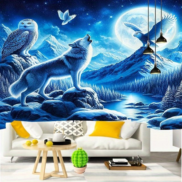 VIKAMA Snow Guardian Wandteppich mit Sternenmond-Motiv in Blau, Boho-Stil, Rechteckig, B/H: 60 x 40 cm - Bild 1
