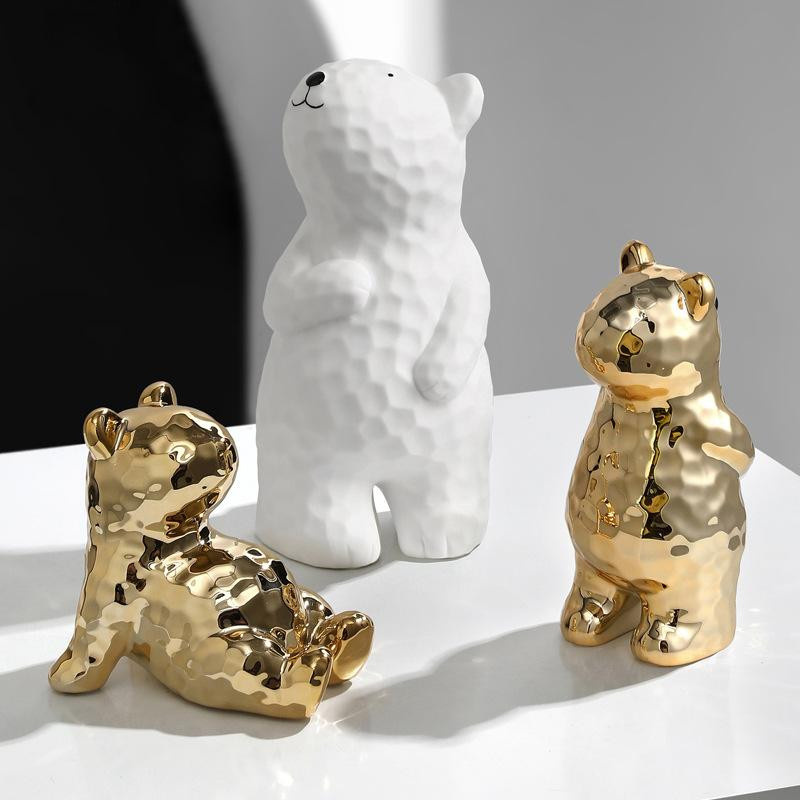 Yiran Furniture Keramik-Bären-Ornament aus Harz in Weiß und Gold für Wohnzimmer und Kinderzimmer - Bild 2