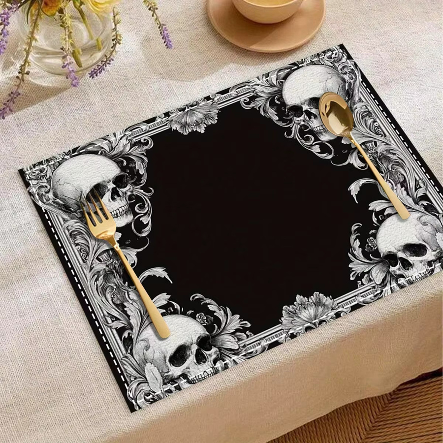 VIKAMA Tischset Gothic-Stil mit Totenkopf-Motiv, Schwarz, wasserdicht und rutschfest, Retro-Design für Halloween - Bild 2