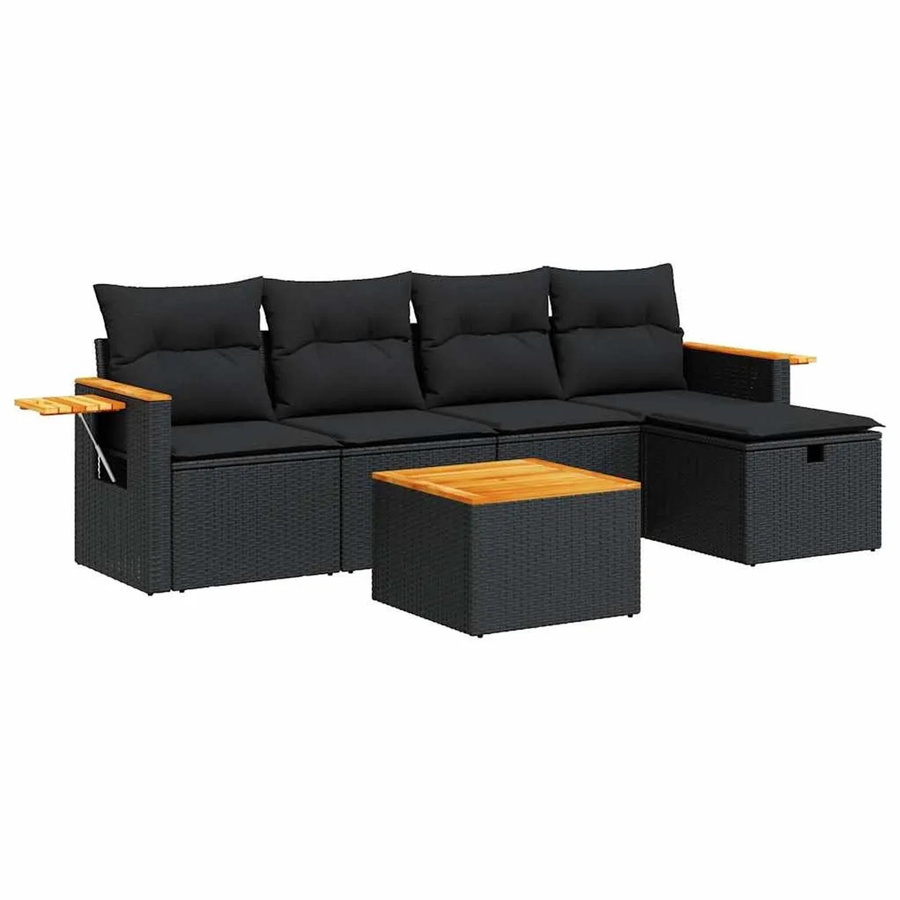 vidaXL 6-teilige Garten-Sofagarnitur aus Poly-Rattan und Akazienholz in Schwarz mit Kissen - Bild 2