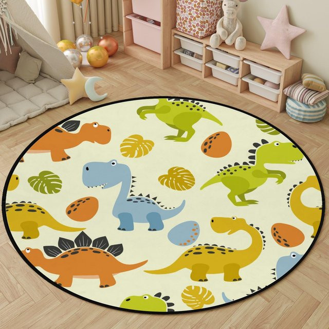 Runder Teppich mit Cartoon Dinosaurier von Karpetti, Mehrfarbig, Durchmesser: 40 cm - Bild 1