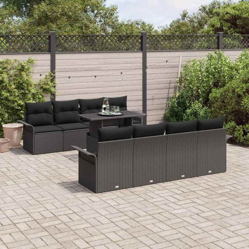 Modernes Garten-Sofa-Set mit 9-teiligen Kissen aus Poly-Rattan und Glas in Schwarz von vidaxl - Bild 1
