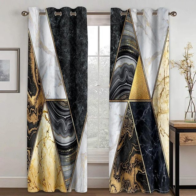 2er-Set moderne Vorhänge mit abstraktem Marmor-Design in Blau und Gold, halbtransparent, Höhe: 130 cm, Breite: 50 cm - Bild 1