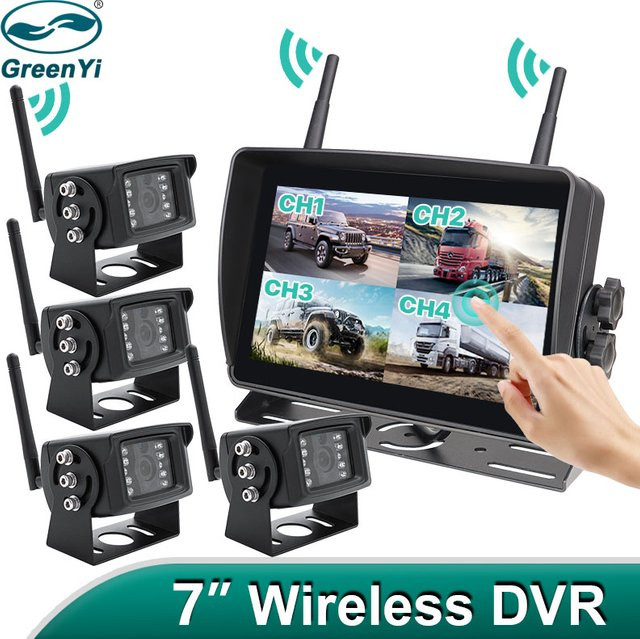 GreenYi 7 Zoll AHD Digital Wireless DVR Rückfahrkamera-Set mit Touchscreen, WiFi und IR Nachtsicht, 4 Kanäle, Schwarz - Bild 1