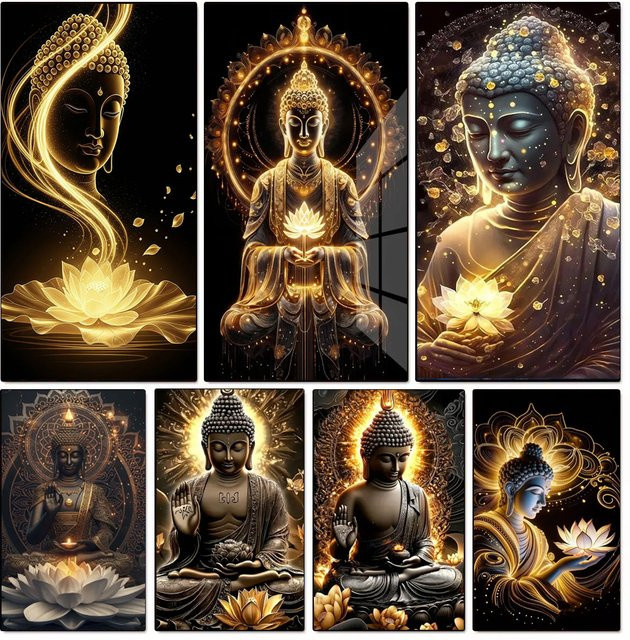 RealShining Diamantmalerei Gold Lotus Buddha DIY Rundes Diamant-Mosaik Kunstwerk für deine Wohnzimmer-Dekoration - Bild 1