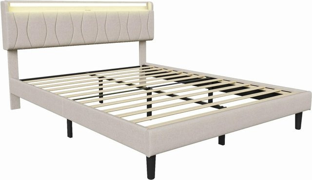 PXloue Polsterbett mit LED-Unterbettbeleuchtung und USB-Anschluss, Beige, B/T/H: 140 x 200 x 106 cm - Bild 1