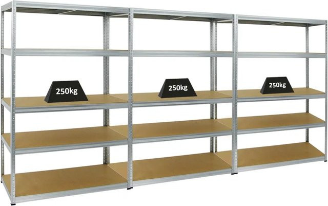 PROREGAL 3er Set Schwerlastregal Big Elephant M, verzinkt, Farbe Silber, H x B x T: 180 x 120 x 60 cm, Fachlast 250 kg, mit verstellbaren Regalböden aus MDF und Metall - Bild 1