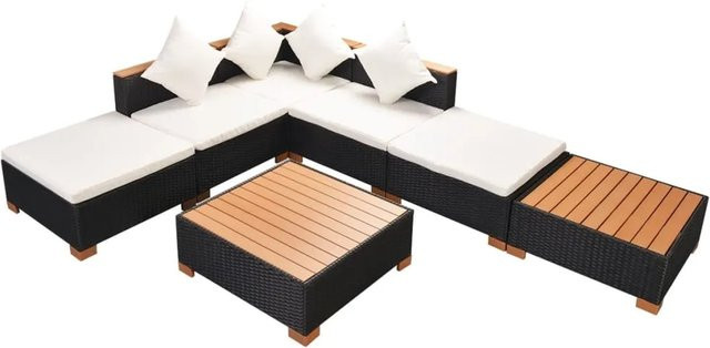 vidaXL 7-tlg Garten-Lounge-Set in L-Form mit Polstern und Ottoman, Schwarz - Bild 1