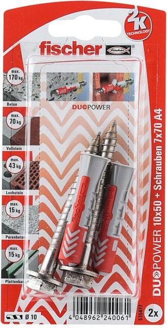 Fischer DuoPower Dübel Set mit Schrauben, Ø 10 mm x 50 mm, Farben: Grau/Rot, 2 Stück - Bild 1