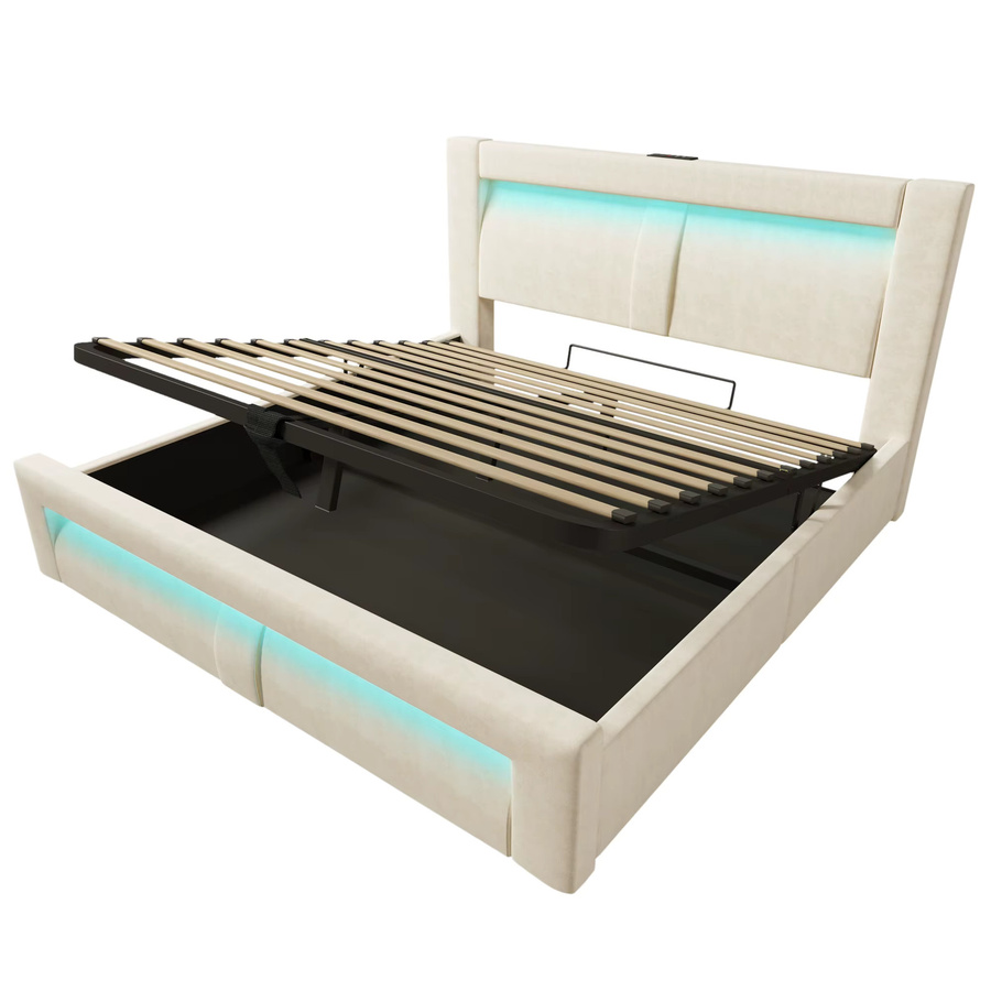 KOMHTOM Samt Doppelbett Beige mit hydraulischem Stauraum, LED Beleuchtung, USB und Type C Anschlüssen, B/T/H: 90 x 200 cm - Bild 2