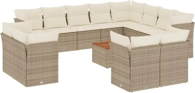 vidaXL 13-teilige Garten-Sofagarnitur in L-Form aus Polyrattan und Akazienholz mit Kissen in Beige-creme - Bild 1