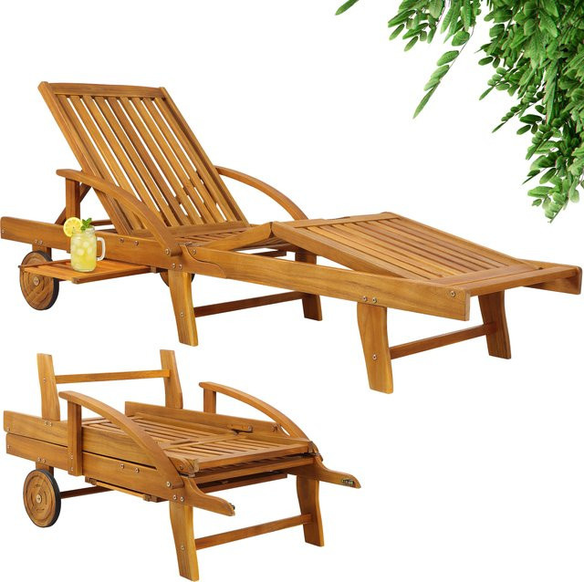 CASARIA Gartenliege aus Akazienholz klappbar mit verstellbarer Rückenlehne, Ausziehtisch und Rollen, Braun - Bild 1