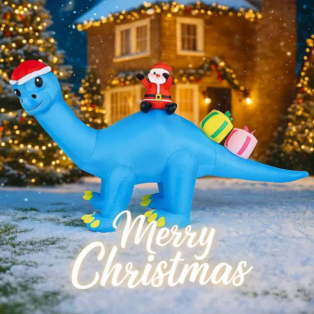 Aufblasbarer blauer Dinosaurier mit Weihnachtsmann als Weihnachtsdekoration mit LED-Beleuchtung für Garten und Hof, Höhe: 200 cm - Bild 1
