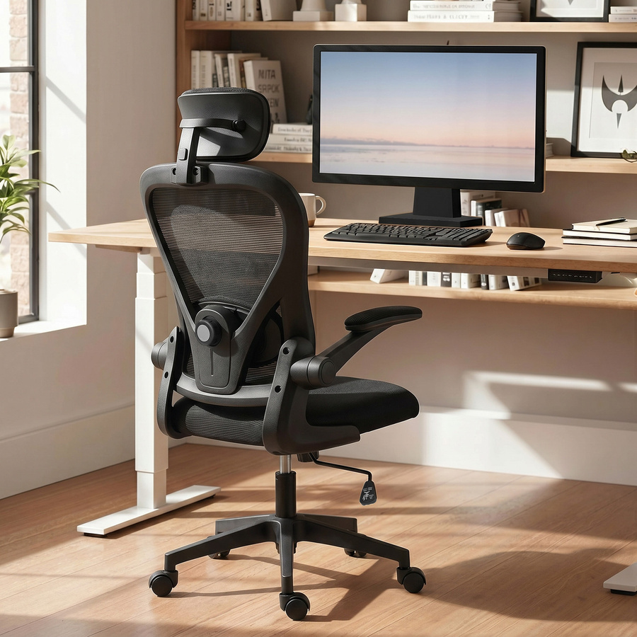 HOMCOM Ergonomischer Bürostuhl mit hochklappbaren Armlehnen, Kopfteil und verstellbarer Lendenwirbelstütze, Drehstuhl mit Wippfunktion in Schwarz - Bild 2