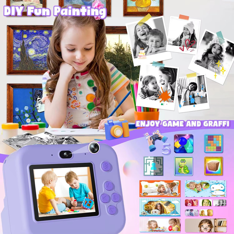 RIVGOT Kinderkamera mit Sofortdruck und MP3-Videospiel für Jungen und Mädchen, Thermodruckkamera in Blau oder Lila - Bild 2