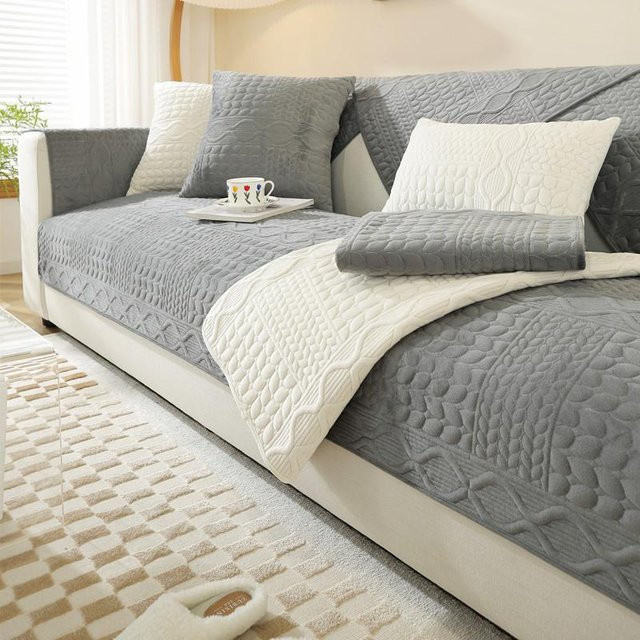 Rutschfeste L-Form Sofabezug aus Jacquard-Plüsch in Grau mit Weizenähren-Muster, Breite: 70 cm, Tiefe: 70 cm - Bild 1