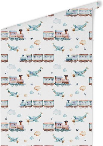 K&L Wall Art Vliestapete für Kinder mit Lokomotive und Flugzeug, mehrfarbig, matt - Bild 1