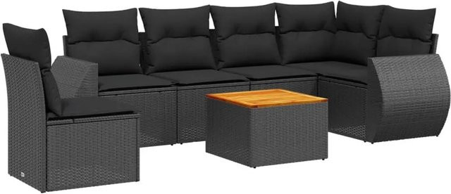 vidaXL 7-tlg. Garten-Sofagarnitur in L-Form aus Poly-Rattan und pulverbeschichtetem Stahl mit Kissen in Schwarz - Bild 1