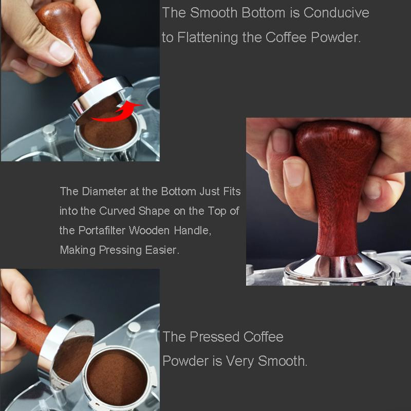 Espresso Tamper aus Aluminium mit Holzgriff in Braun für Siebträger Kaffeemaschinen mit 51mm, 53mm oder 58mm Durchmesser - Bild 5