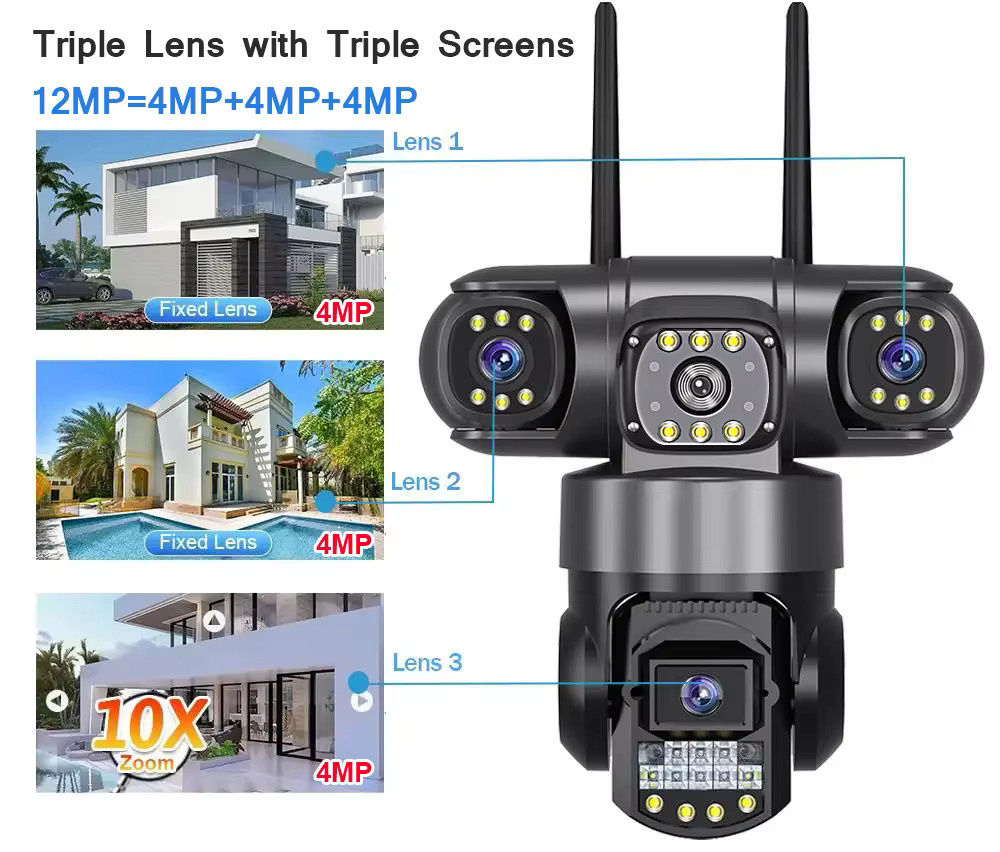 V380 WiFi IP PTZ Kamera Outdoor mit 12MP 6K Auflösung, Drei-Objektiv-System und Nachtsicht, Schwarz - Bild 3