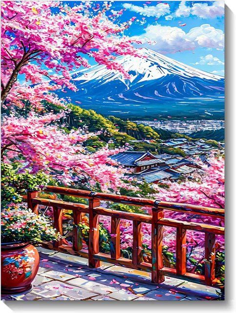 QIZITENG Diamantgemälde DIY Mount Fuji und Kirschblüten als Hausmosaik für Erwachsene - Bild 1