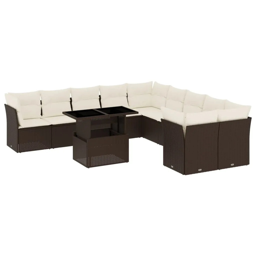 vidaXL 11-tlg Garten-Sofagarnitur aus Poly-Rattan in Braun mit cremeweißen Kissen und Metallgestell - Bild 2