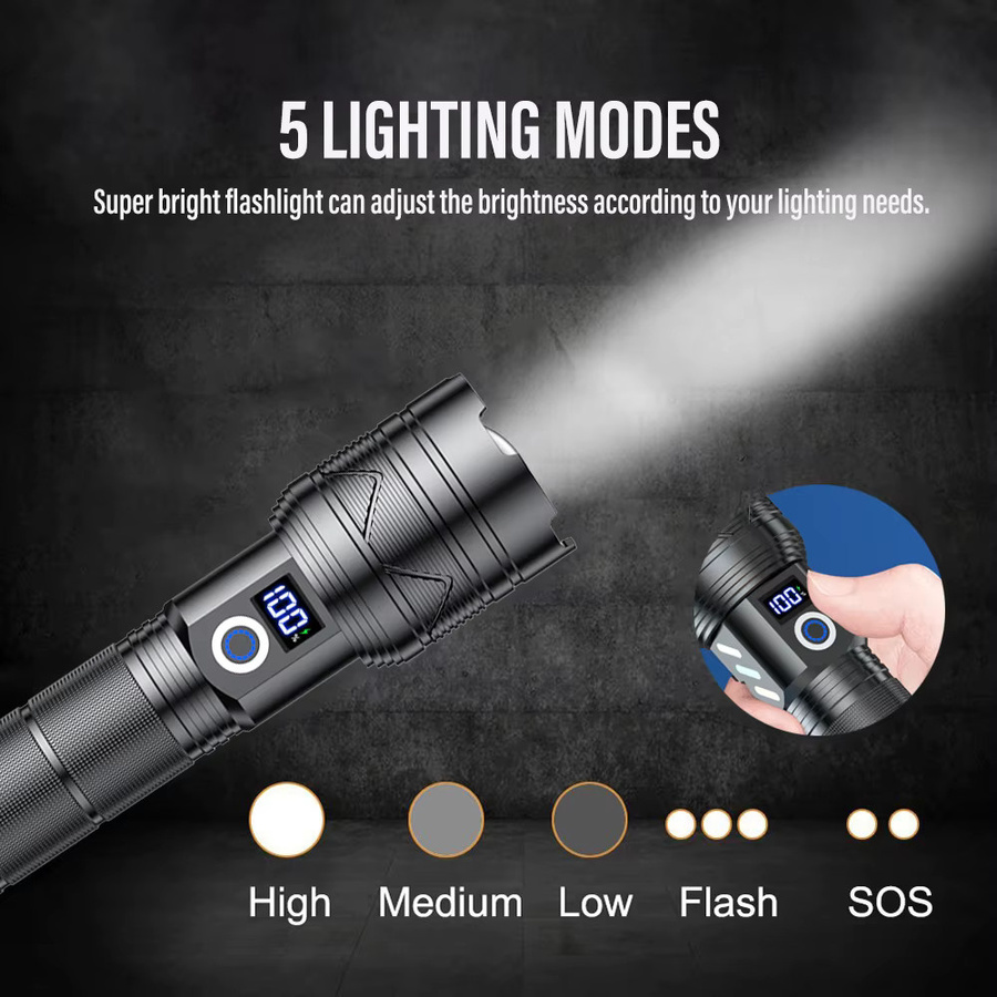 XIWANGFIRE Hochleistungs-LED-Taschenlampe mit Teleskop-Zoom, USB-Aufladung und 26650-Lithium-Batterie, Schwarz - Bild 3