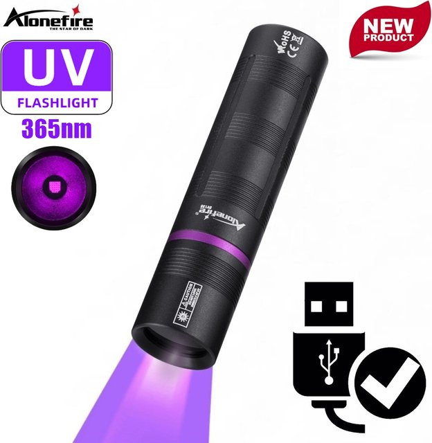 Alonefire UV-Schwarzlicht-Taschenlampe 365nm, USB-aufladbare Mini-Ultraviolett-Lampe in Schwarz - Bild 1