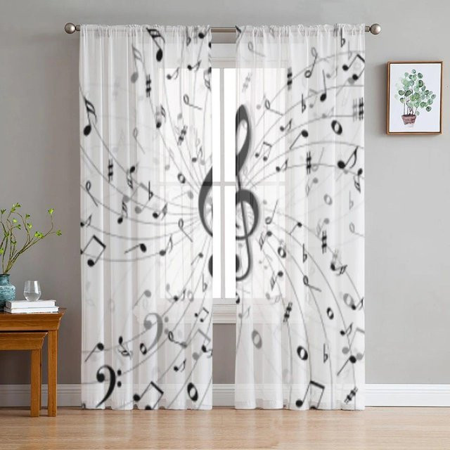 Transparente Tüllvorhänge mit Musiknoten-Design von A Family Of Home Textiles, Farbe Weiß, B: 135 cm, H: 160 cm - Bild 1
