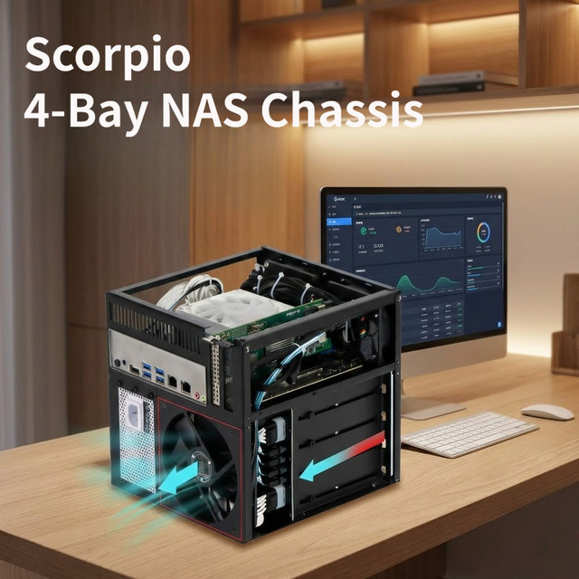 Scorpio 4-Disk NAS-Gehäuse aus Aluminium in Schwarz für ITX und MATX Motherboards mit SFX-Netzteil und 1,5mm Aluminiumrahmen - Bild 1
