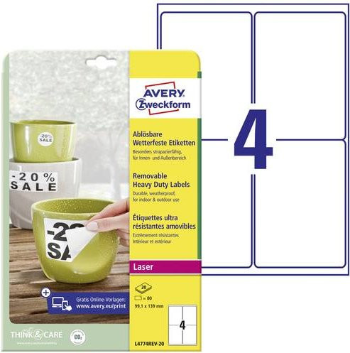 Avery Zweckform L4774REV-20 Wetterfeste Folien-Etiketten aus weißem Polyester, wiederablösbar, 80 Stück, Breite: 9,91 cm, Höhe: 13,9 cm - Bild 1