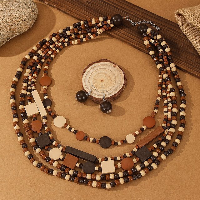 YEYULIN Schmuck-Set, Halskette, Ohrringe, Holz, Perlen, Bunt, Unisex - Bild 1