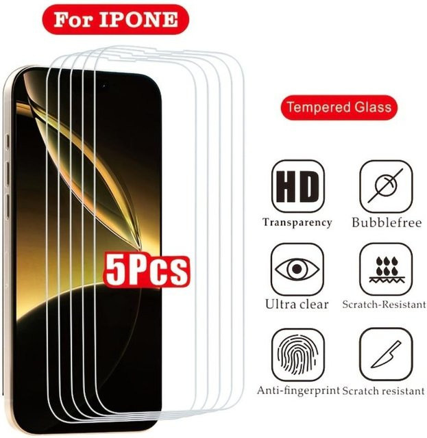 5 Stück honglilai HD Displayschutzfolie aus Hartglas für iPhone 16 15 17 14 Pro Max 13 12 11 transparent - Bild 1