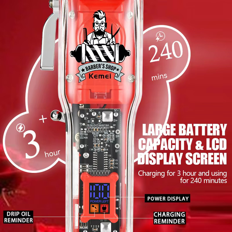 Kemei KM-1751 Haarschneidemaschine, Akku-Trimmer, transparent, rot - Bild 2