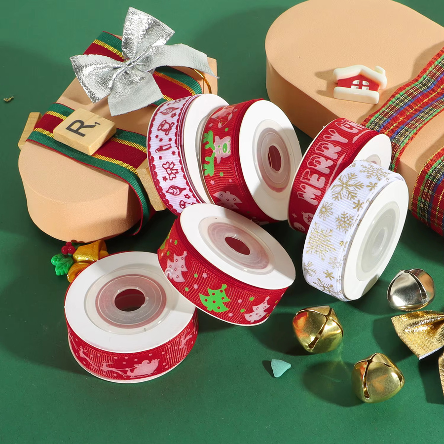 OEMOO Weihnachtsband aus Polyester mit floralem Print für DIY-Geschenkverpackungen und Weihnachtsdekoration, Breite: 1,5 cm, Länge: 4,57 m - Bild 2