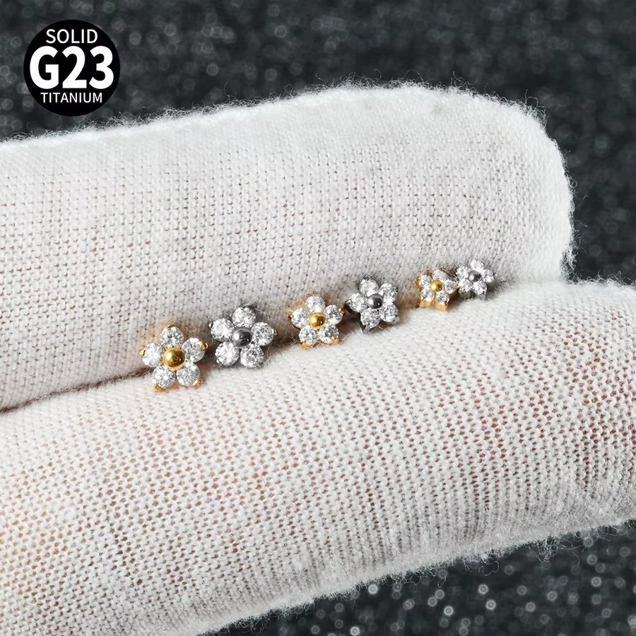 Piercing Ohrring Titan, Blume, Zirkonia, Unisex - Bild 2