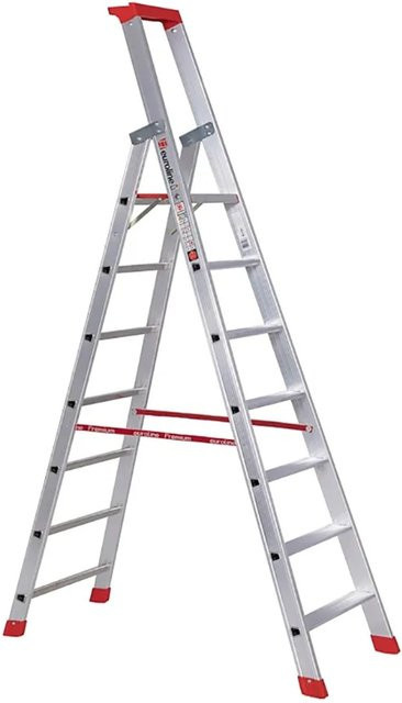 Euroline Premium Stufenstehleiter aus Aluminium mit Sicherheitsbrücke und Tragelement, 7 Stufen, Silber - Bild 1