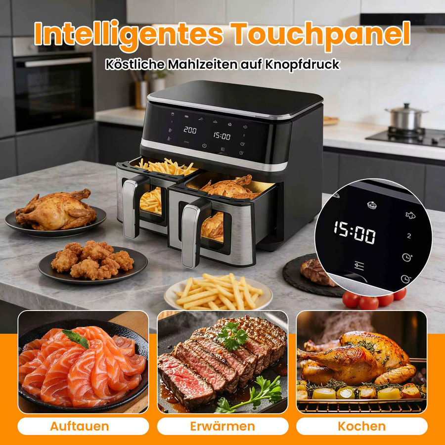 Aiorber Heißluftfritteuse 8L mit Sichtfenster und Digital-Touch-Display, 1400W XXL Air Fryer in Schwarz - Bild 4