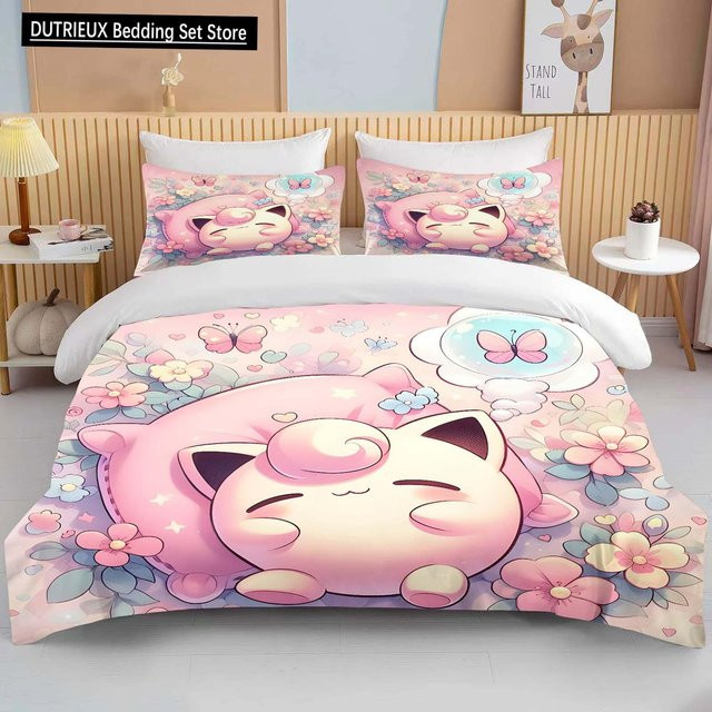 Lodestar Pokémon Bettwäsche-Set mit Jigglypuff-Print in Rosa, bestehend aus 1 Bettbezug und 2 Kissenbezügen, Mikrofaser, B/H: 200 x 230 cm - Bild 1