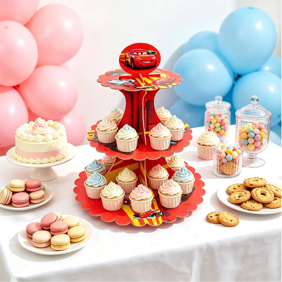 Disney Cartoon Rennwagen Cupcake-Ständer aus Papier, 3-stöckiger Dessert-Präsentationshalter in Rot für deine Geburtstagsparty - Bild 3