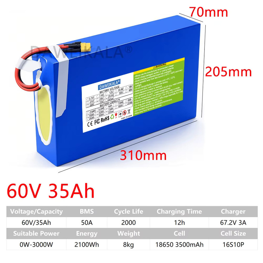 DAWEIKALA 60 V 18650 Li-Ionen-Akku 16S mit 3000 W und 40 A BMS in Blau für Marine Power und EV Tools - Bild 2