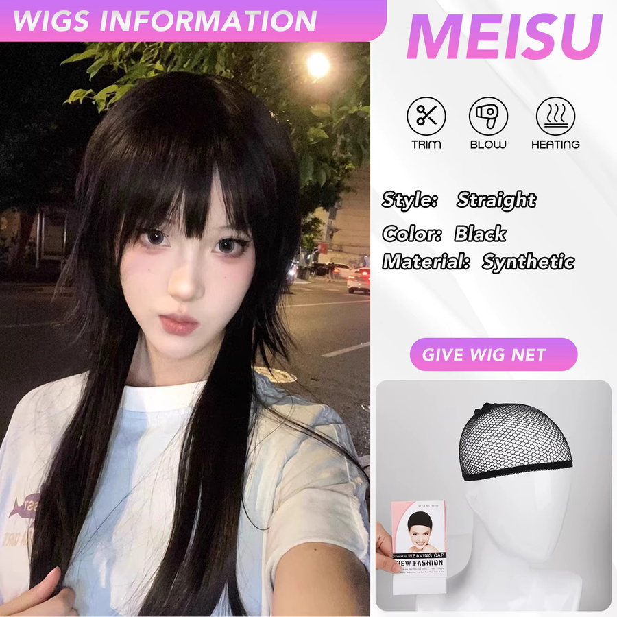 MEISU Perücke, synthetisch, gerade, Air Bangs, schwarz, Damen - Bild 2