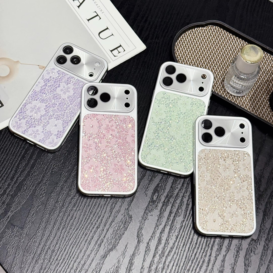 RPKKS Handyhülle mit Glitzer, Spitze und Blumenmuster für iPhone 17 16 15 14 Pro Max in Pink mit silbernem Rand, Linsenschutz und Wärmeableitung - Bild 4