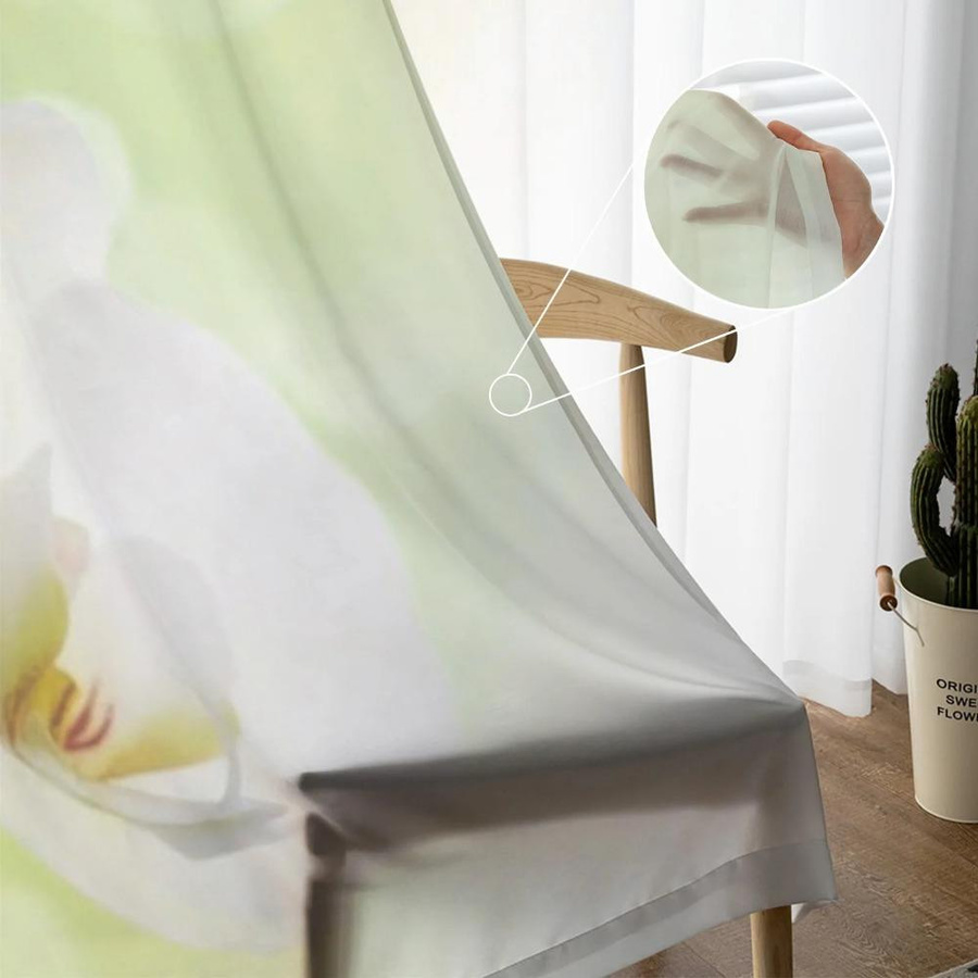 Yiran Furniture Transparente Vorhänge mit Phalaenopsis-Blumen in Weiß aus Tüll, Voile und Organza mit Ösen, Breite: 135 cm, Höhe: 115 cm - Bild 1